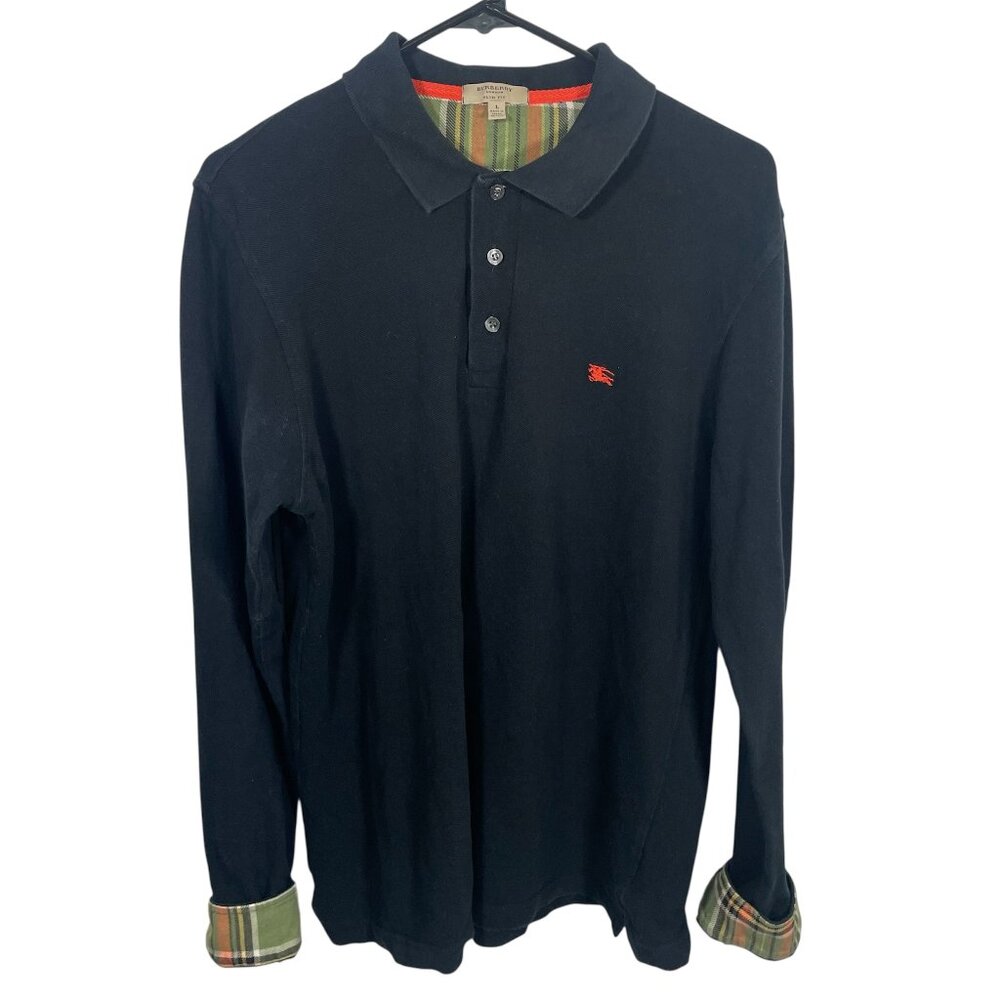 Burberry London Pique Polo Shirt Mens Large Slim Fit Blue Long Sleeve Plaid Cuff